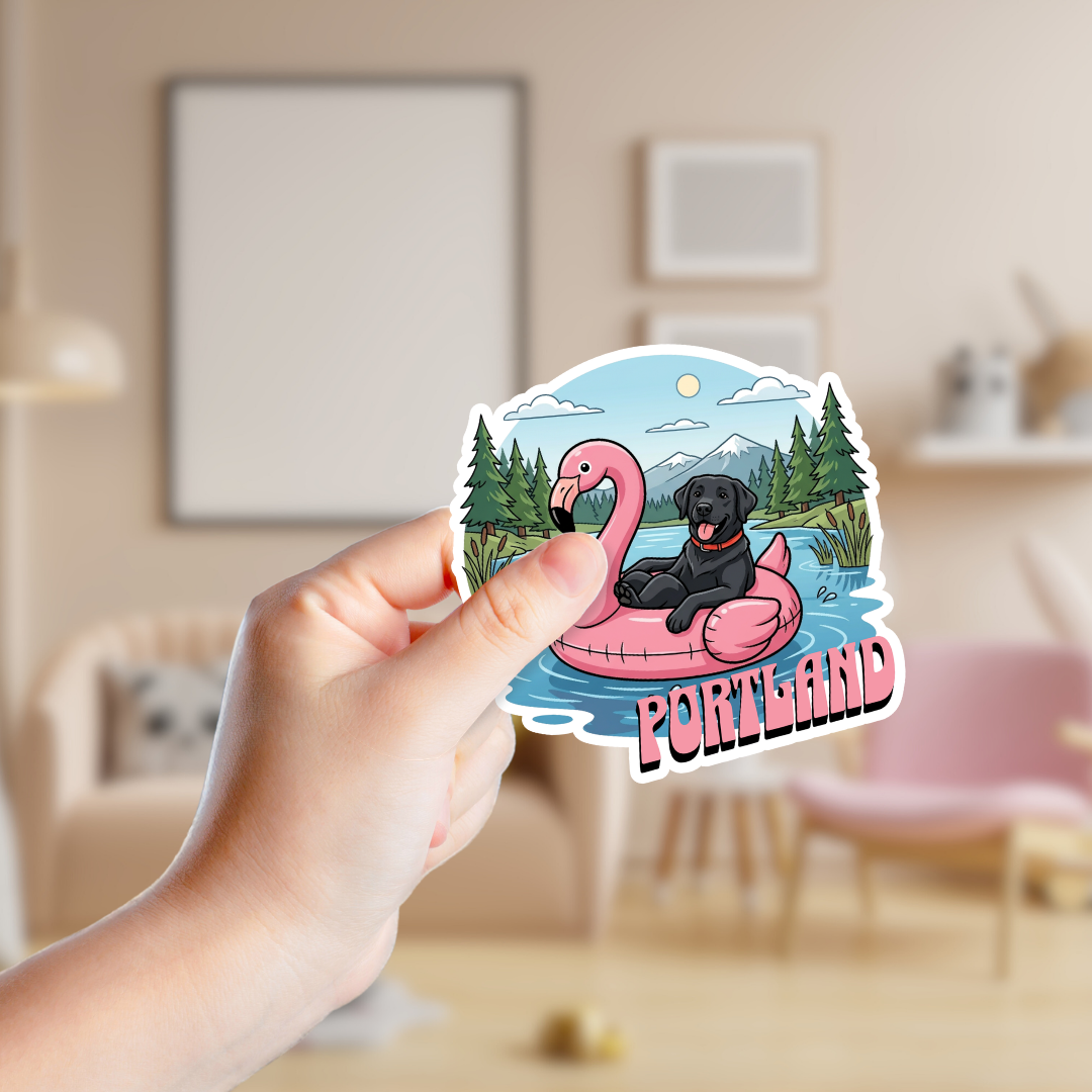 Black Lab in a Flamingo Float Custom Sticker