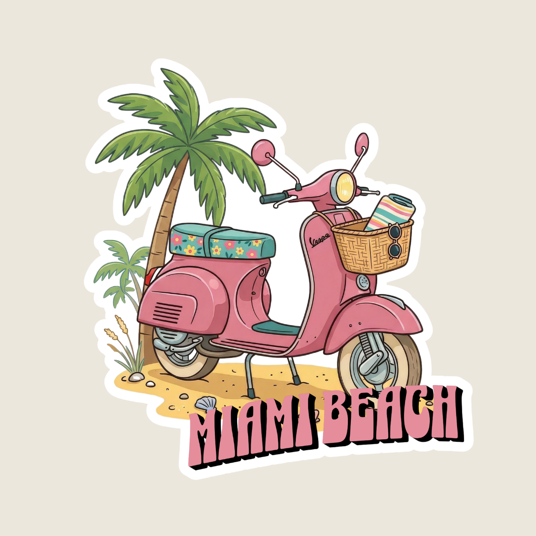 Pink Moped at the Beach Custom Sticker