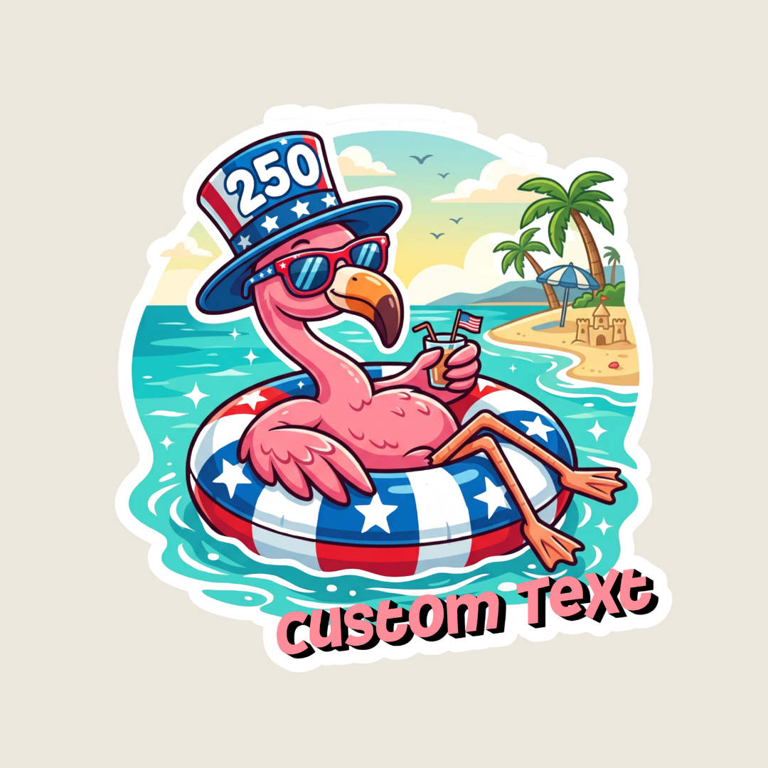 Cartoon flamingo in a patriotic floatie with sunglasses and a hat, set against a beach scene.