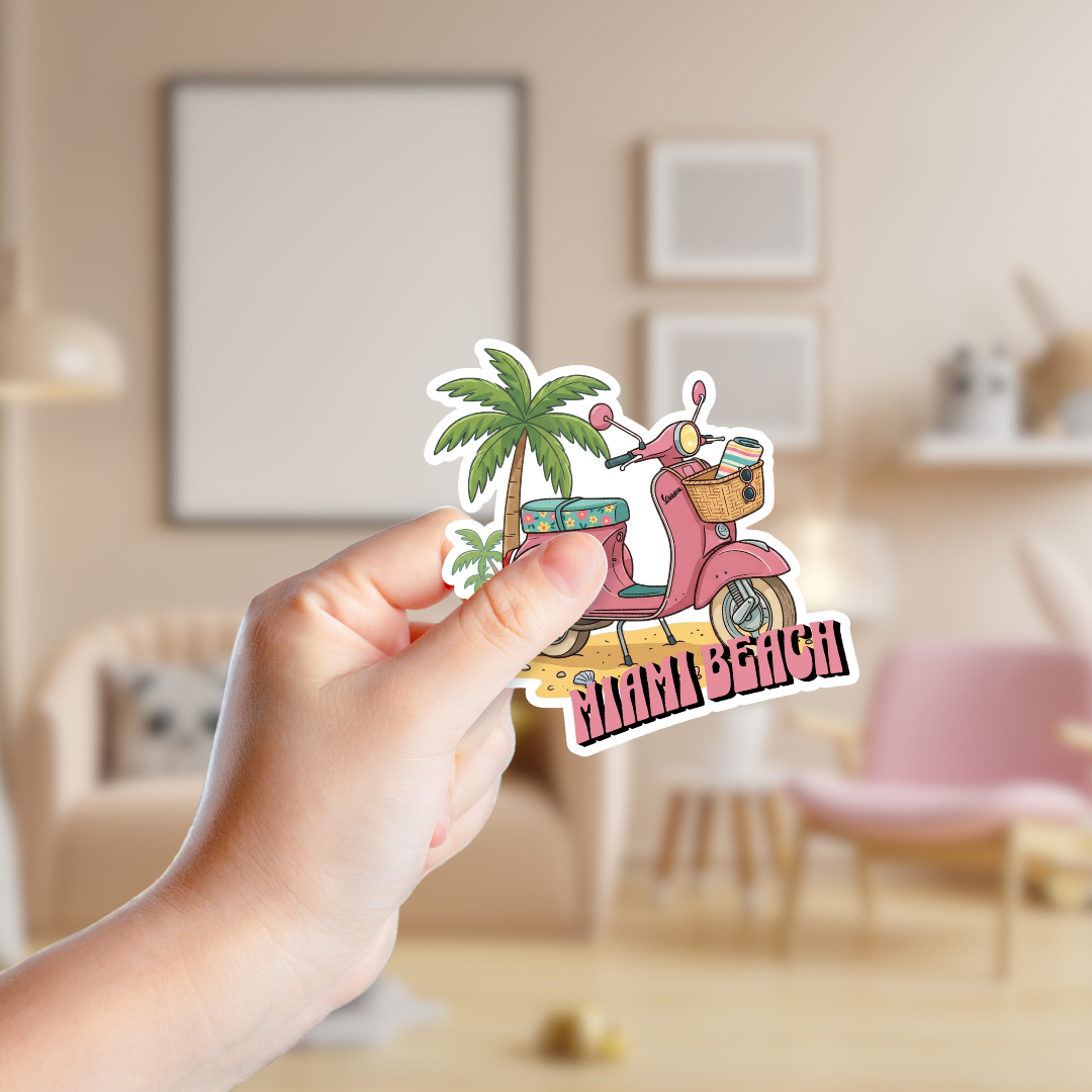 Pink Moped at the Beach Custom Sticker