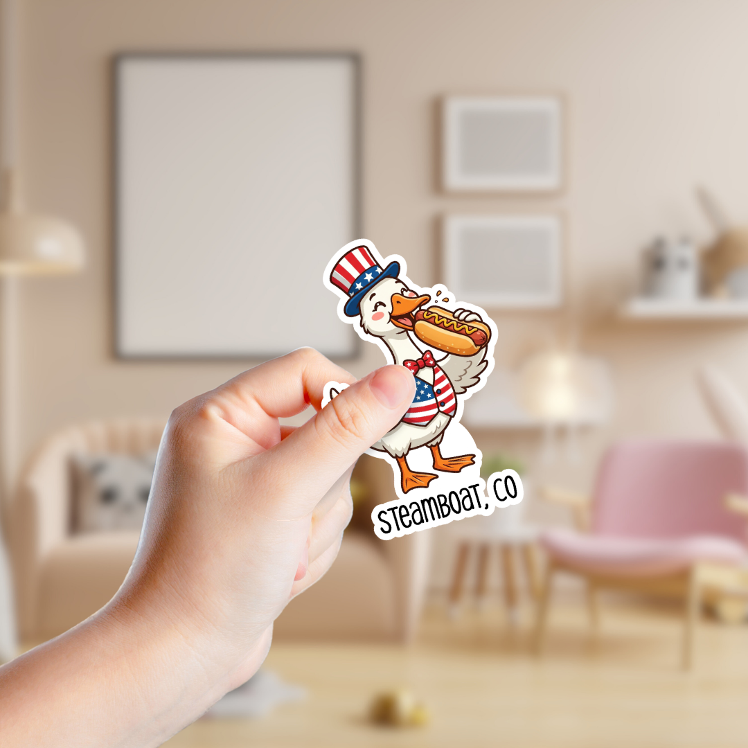 Patriotic Silly Goose Eating a Hot Dog Sticker