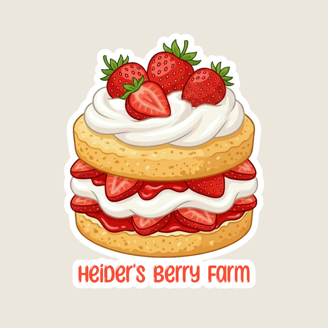 Illustration of a layered cake with strawberries and cream on a beige background, featuring 'Heider's Berry Farm' text.