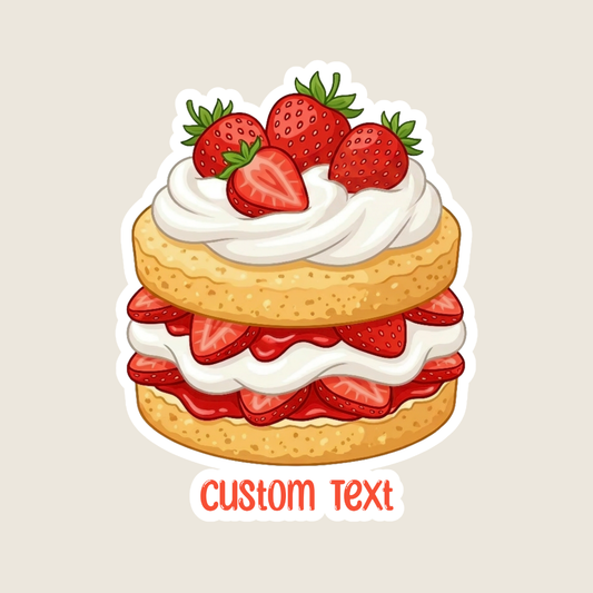 Illustration of a layered cake with strawberries and whipped cream on a beige background