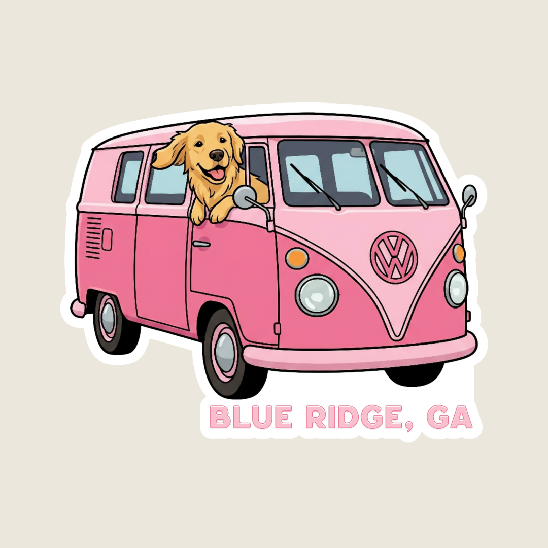 Pink Volkswagen van with a dog on the driver's seat, labeled 'Blue Ridge, GA' on a beige background.