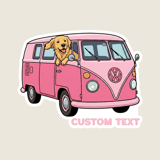 Pink Volkswagen van with a dog on the steering wheel on a beige background