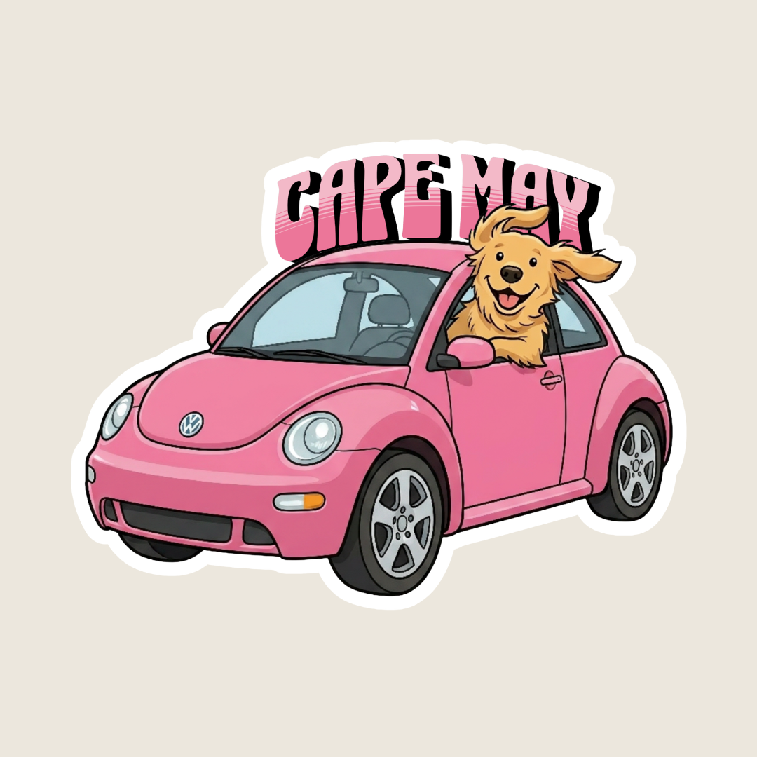 Golden Retriever in a Pink VW Bug Custom Sticker