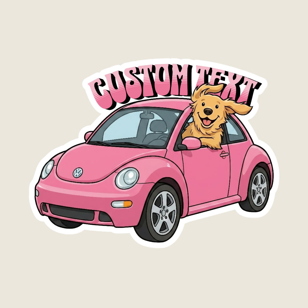 Pink car with a dog driving, featuring 'CUSTOM TEXT' on a beige background