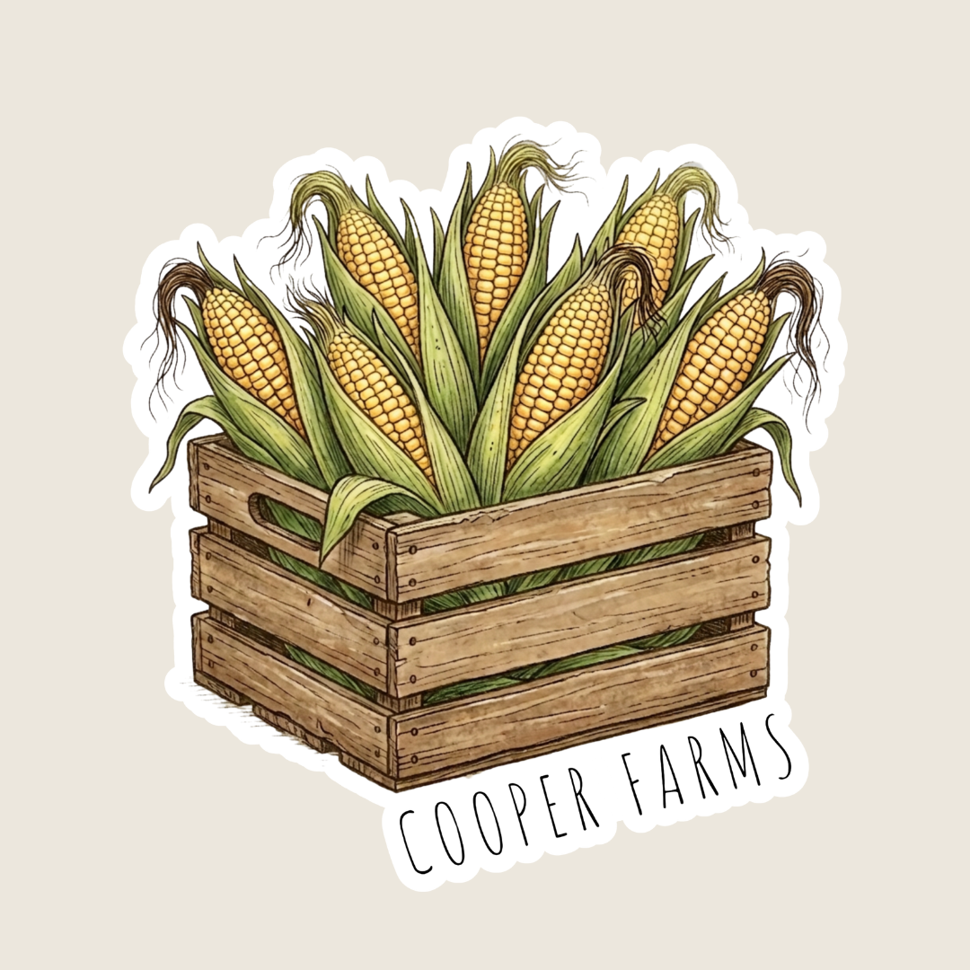 Illustration of corn in a wooden crate with 'Cooper Farms' branding on a beige background