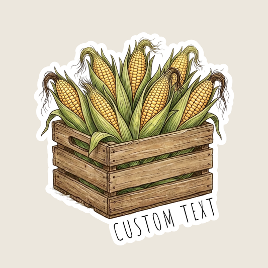 Illustration of corn in a wooden crate with 'CUSTOM TEXT' placeholder on a beige background