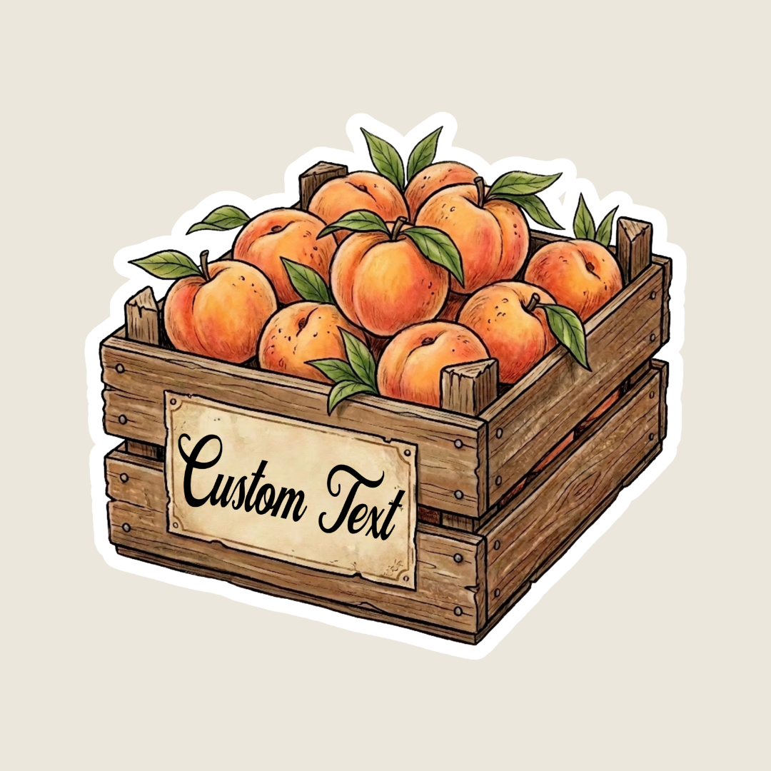 Wooden crate filled with peaches and a customizable text label on a beige background