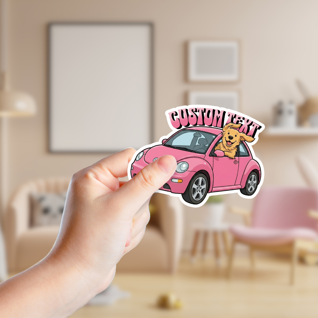 Golden Retriever in a Pink VW Bug Custom Sticker