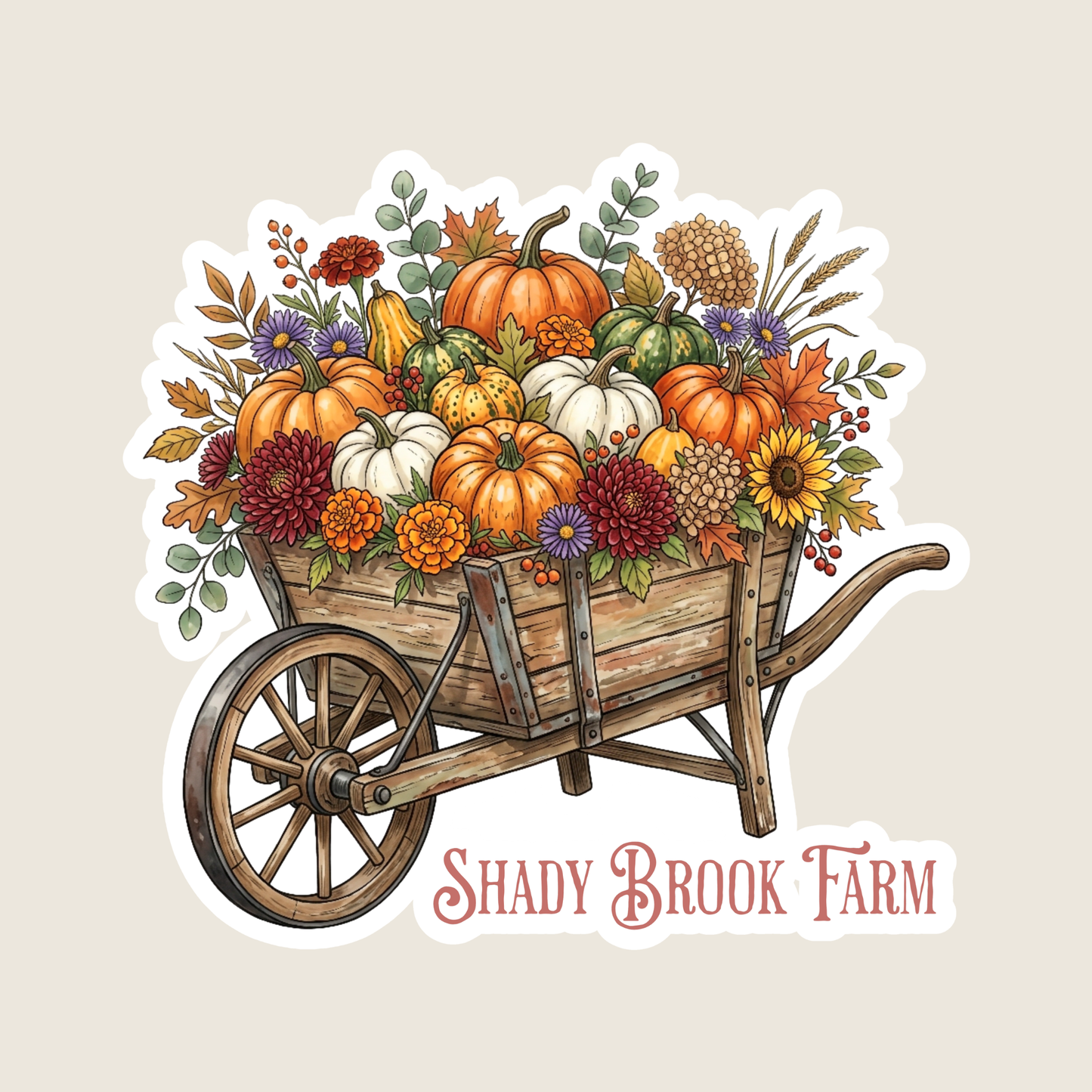 Fall Rustic Wheelbarrow full of Pumpkins Custom Sticker