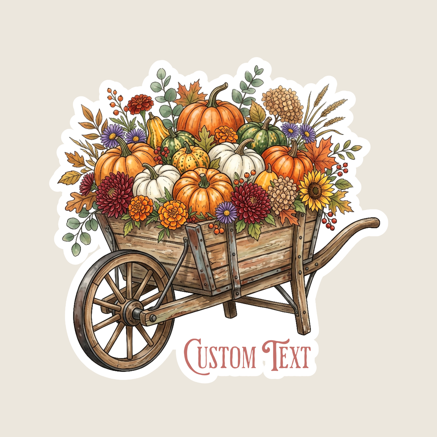 Fall Rustic Wheelbarrow full of Pumpkins Custom Sticker
