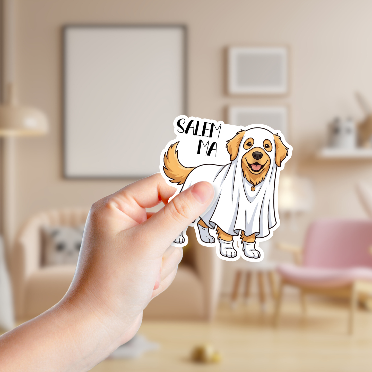 Golden Retriever in a Ghost Costume Custom Sticker
