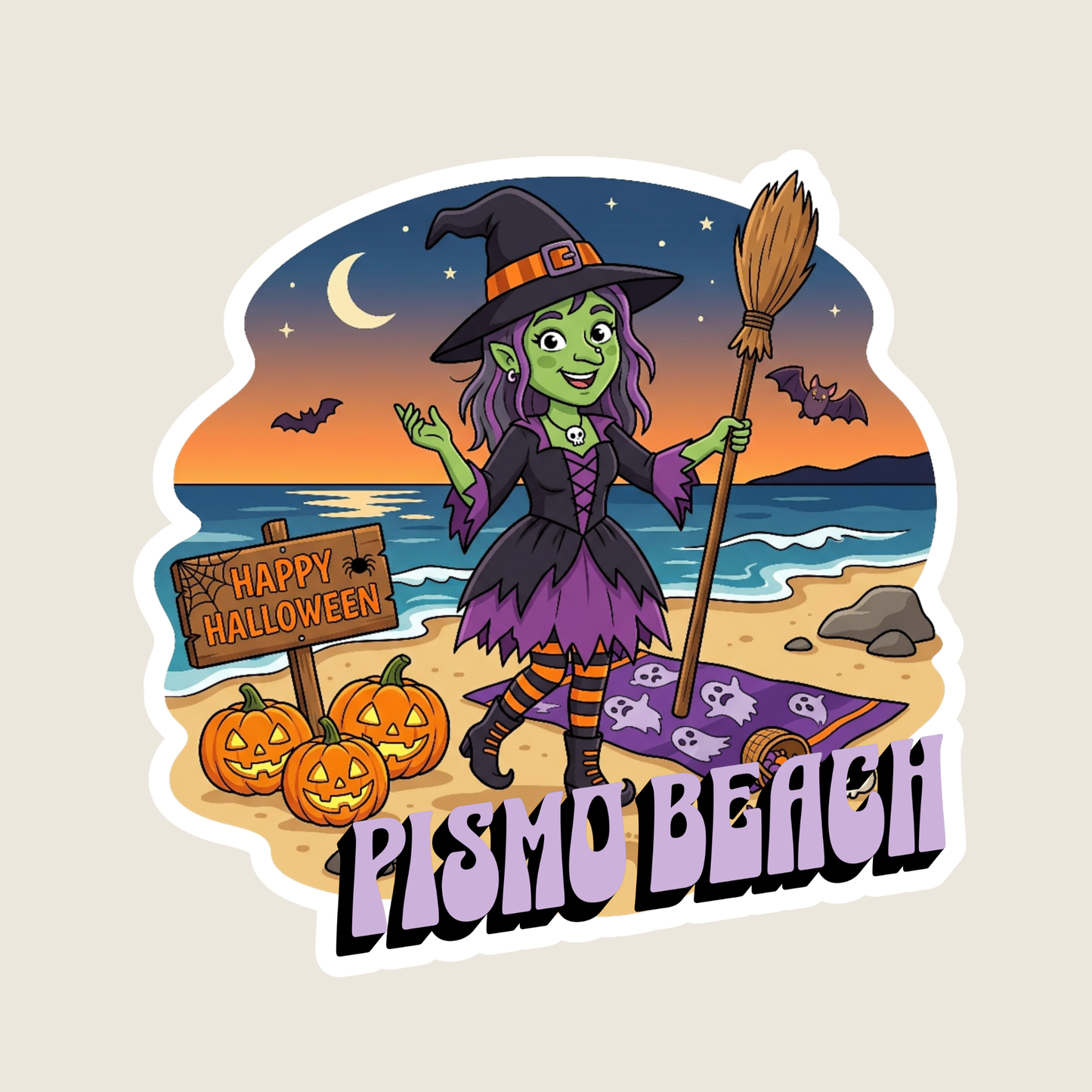 Witch at the Beach Halloween Custom Sticker