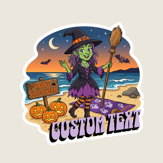 Witch at the Beach Halloween Custom Sticker