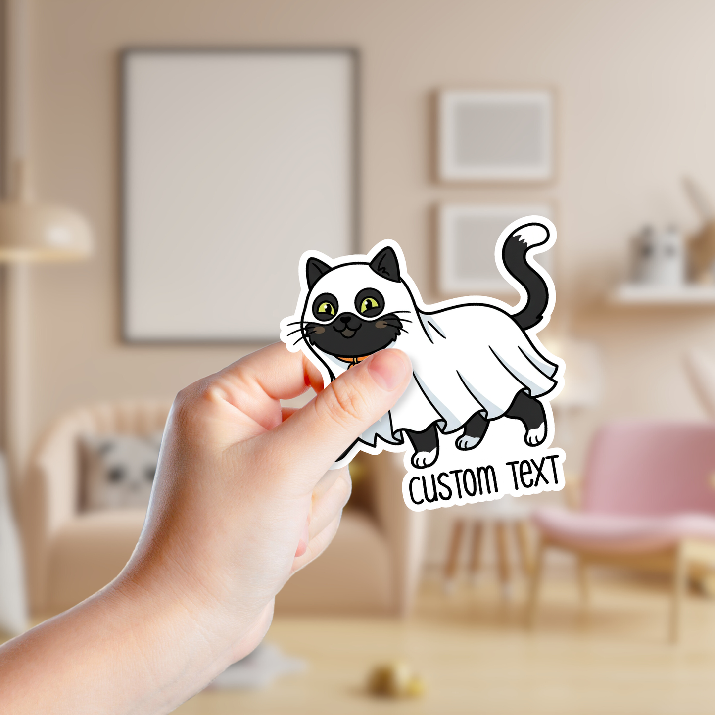 Black Cat in Ghost Costume Halloween Custom Sticker