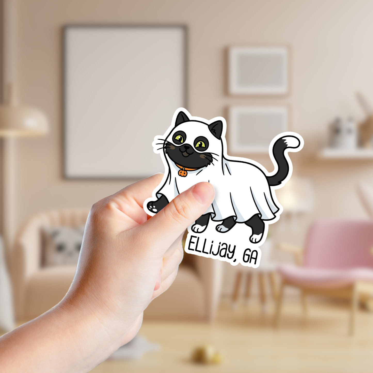 Black Cat in Ghost Costume Halloween Custom Sticker