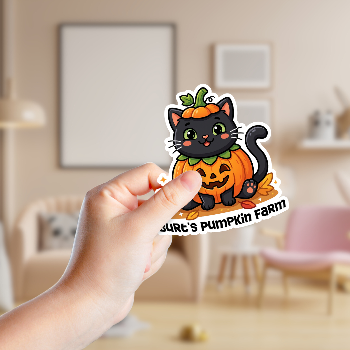 Black Cat in a Pumpkin Costume Halloween Custom Sticker