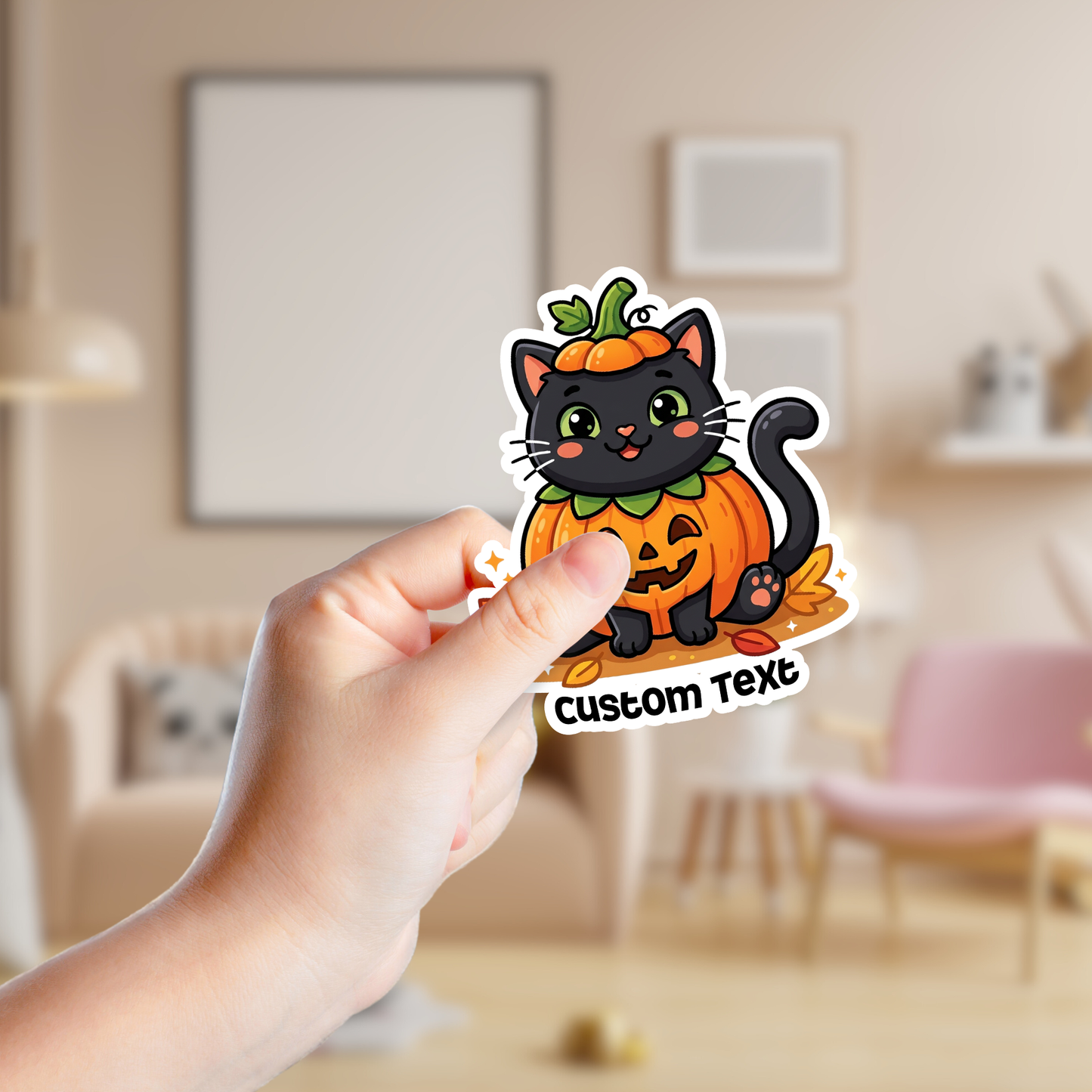 Black Cat in a Pumpkin Costume Halloween Custom Sticker