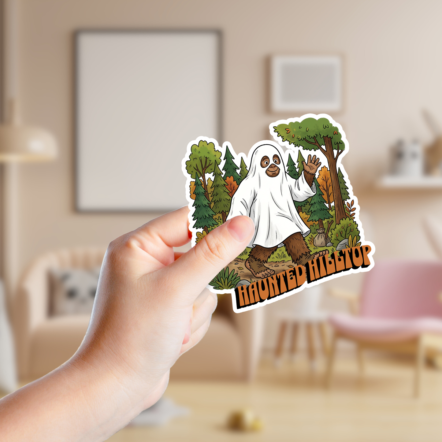 Big Foot in a Ghost Costume in the Woods Custom Sticker